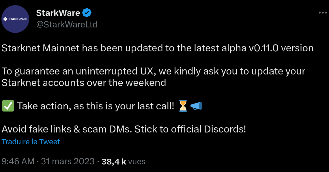 Starknet : mettez à jour votre wallet pour ne pas perdre vos cryptomonnaies