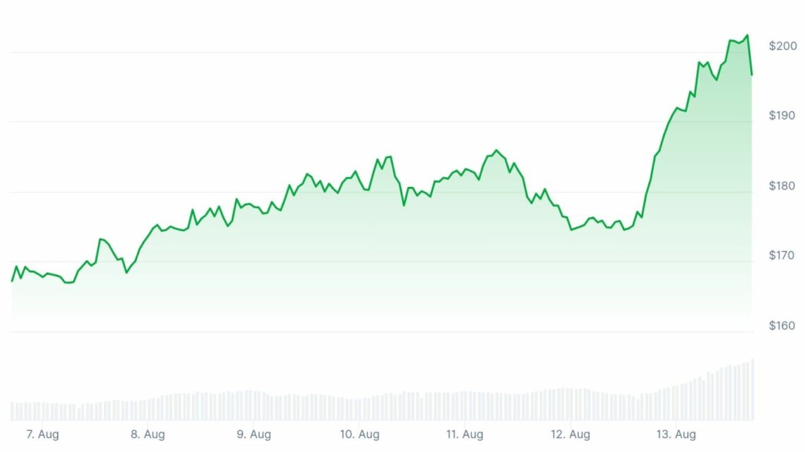 Solana (SOL) dépasse les 200 $ après une hausse fulgurante de +13% en 24h