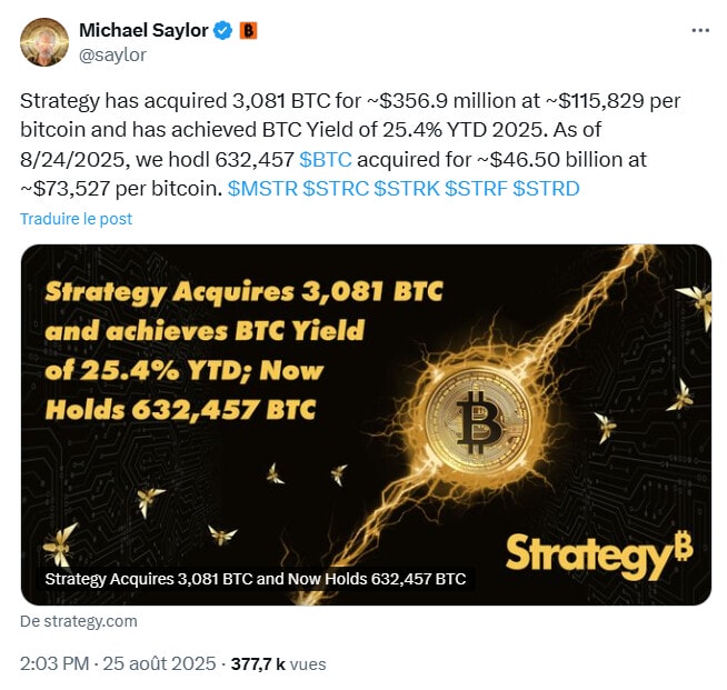 Bitcoin : Strategy achète pour 357 millions de dollars de BTC supplémentaires