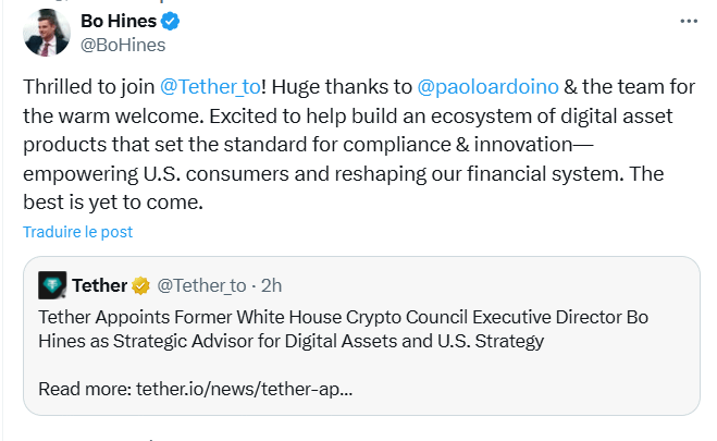 Tether : l’émetteur du stablecoin USDT recrute l’ancien conseiller crypto de Donald Trump