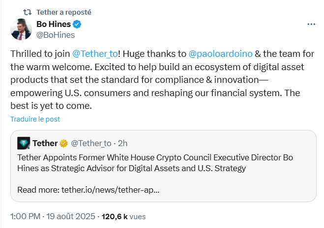Tether : l’émetteur du stablecoin USDT recrute l’ancien conseiller crypto de Donald Trump