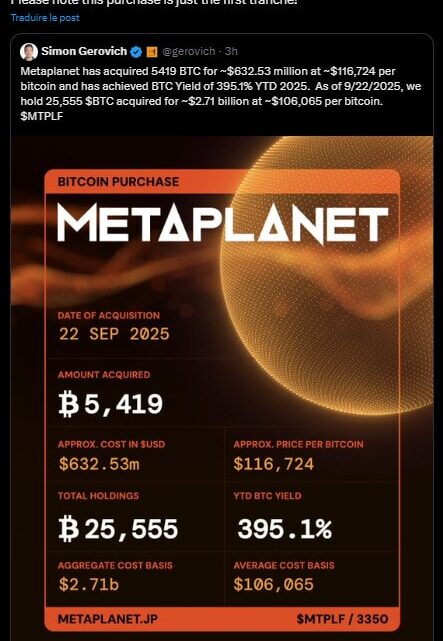 Bitcoin : Metaplanet entre dans le Top 5 des plus gros détenteurs de BTC avec un nouvel achat