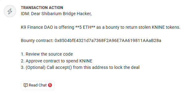 Hack Shibarium : K9 Finance offre 23 000 $ pour récupérer les 2,4 millions de dollars volés