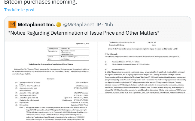 Bitcoin : Metaplanet lève 1,45 milliard $ avec sa vente d’actions pour acheter plus de BTC