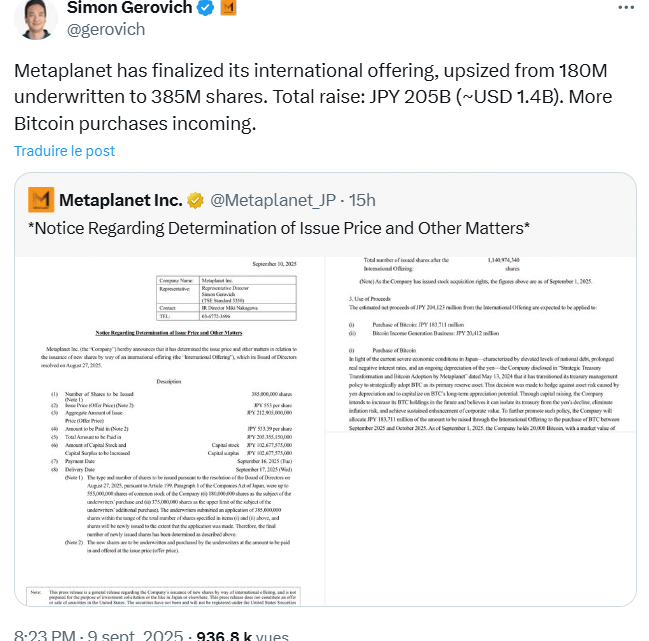 Bitcoin : Metaplanet lève 1,45 milliard $ avec sa vente d’actions pour acheter plus de BTC