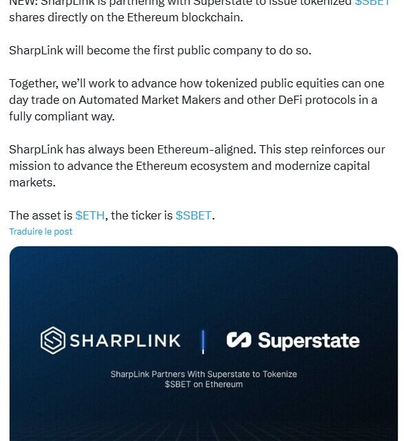 Tokenisation : SharpLink Gaming va émettre des actions SBET sur Ethereum