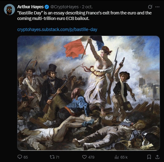 Fin de l’euro, retour du franc et Bitcoin en sauveur : Arthur Hayes se penche sur le cas de la France