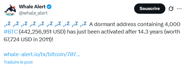 Bitcoin : une baleine de l’ère Satoshi réveille 4 000 BTC après 14 ans de sommeil