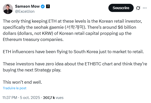 Ethereum : la Corée du Sud et les ETH Treasury poussent le prix de l’ether, selon Samson Mow