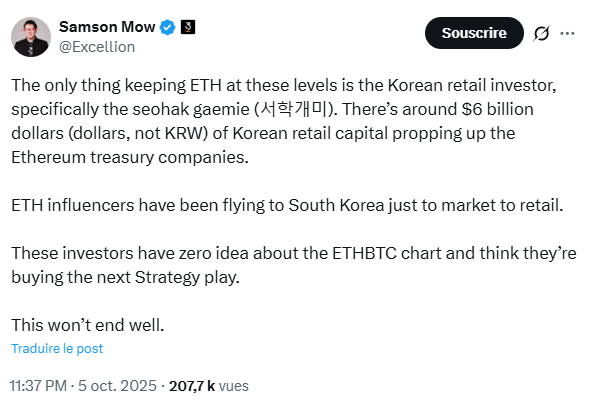 Ethereum : la Corée du Sud et les ETH Treasury poussent le prix de l’ether, selon Samson Mow