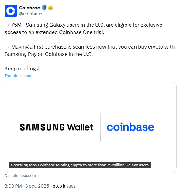 Samsung et Coinbase s’associent pour offrir un accès crypto à 75 millions d’utilisateurs de Galaxy