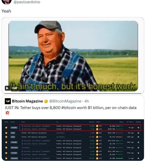 Tether continue sa stratégie d’accumulation de Bitcoin et ajoute 8 888 BTC dans ses caisses