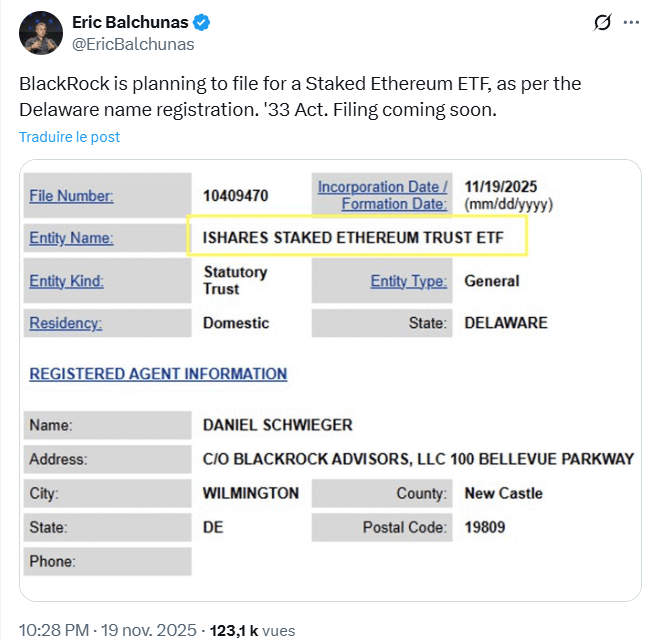 ETF Ethereum : BlackRock veut lancer un fonds ETH avec staking intégré