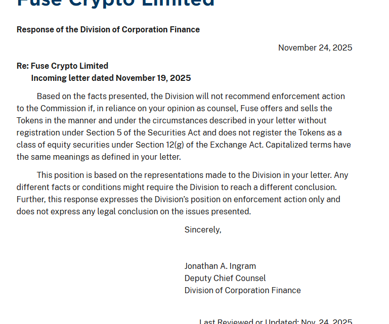 Régulation : la SEC des États-Unis délivre une lettre de non-intervention au projet crypto Fuse