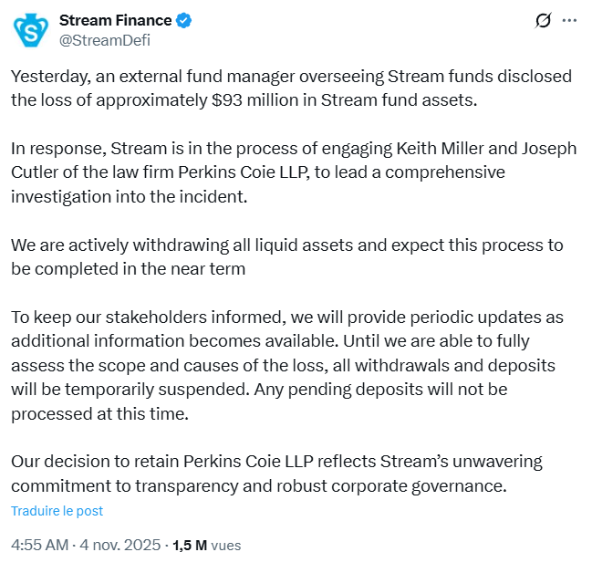 La perte de 93 millions $ de Stream Finance pourrait exposer jusqu’à 285 millions $ dans la DeFi