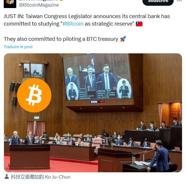 Bitcoin : Taïwan va tester une réserve stratégique nationale de BTC