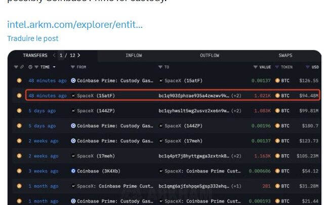 Bitcoin: SpaceX déplace 95 millions $ de BTC, des manœuvres en vue de son entrée en bourse en 2026 ?