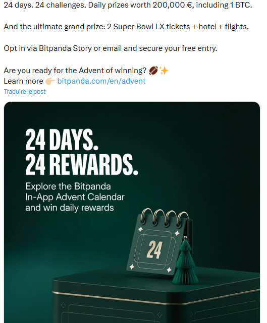 Bitpanda offre 200 000 € de récompenses à gagner grâce à son Calendrier de l’Avent
