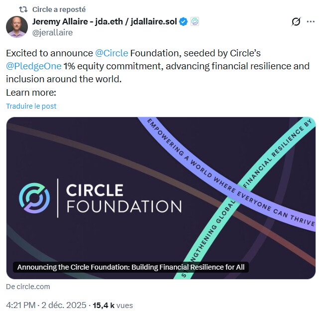 Circle Foundation : l’émetteur du stablecoin USDC lance une fondation pour financer des projets philanthropiques