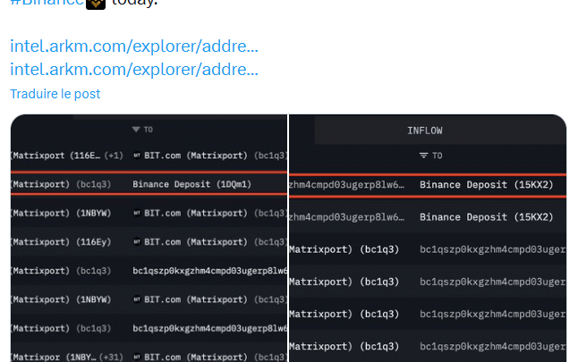Bitcoin : une baleine déplace 4 000 BTC sur Binance, risque de ventes massives ?