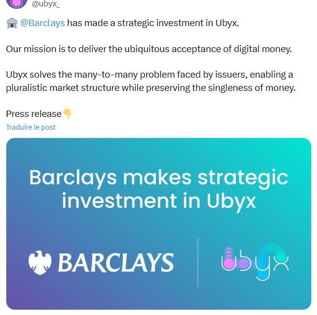 Crypto : la banque Barclays investit dans la startup de stablecoins Ubyx