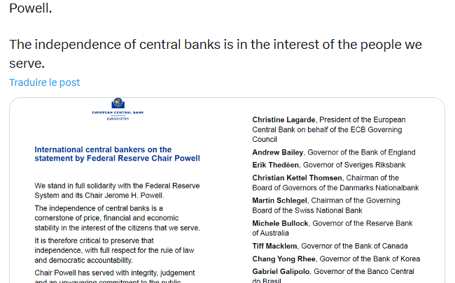 Les banques centrales (BCE en tête) soutiennent Jerome Powell (Fed)