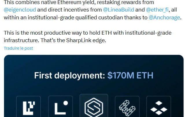Ethereum : SharpLink déploie 170 millions de dollars sur la L2 Linea