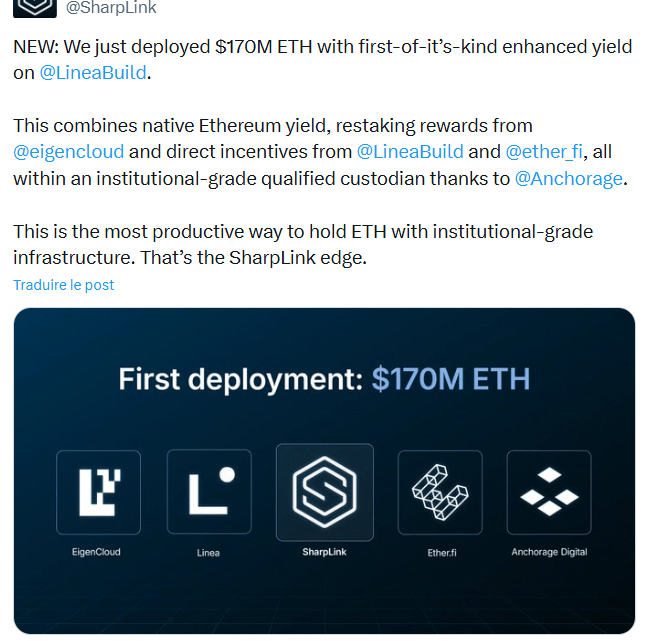 Ethereum : SharpLink déploie 170 millions de dollars sur la L2 Linea