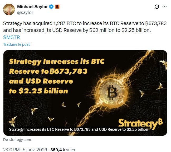 Strategy achète 116 millions $ de Bitcoin : Michael Saylor commence 2026 en beauté
