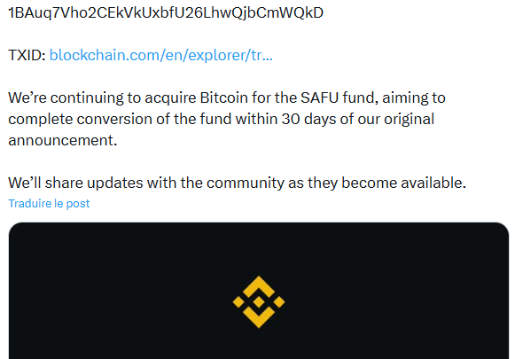 Binance « Buy the Dip » sur Bitcoin et convertit 100 millions $ de stablecoins en 1 315 BTC pour son fonds SAFU