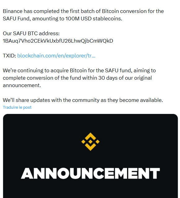 Binance « Buy the Dip » sur Bitcoin et convertit 100 millions $ de stablecoins en 1 315 BTC pour son fonds SAFU