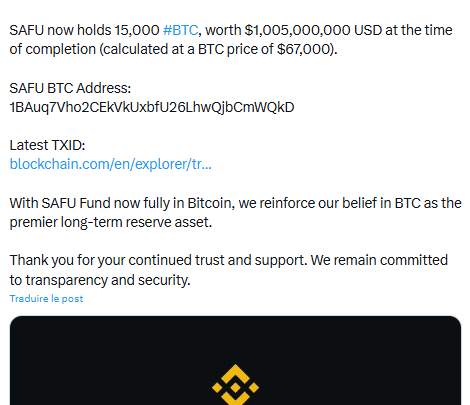 Bitcoin : Binance vient de finir de convertir 1 milliard $ de stablecoins en 15 000 BTC