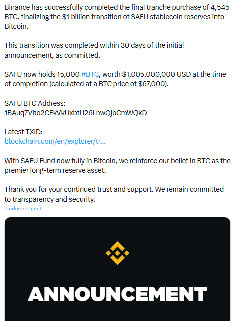 Bitcoin : Binance vient de finir de convertir 1 milliard $ de stablecoins en 15 000 BTC