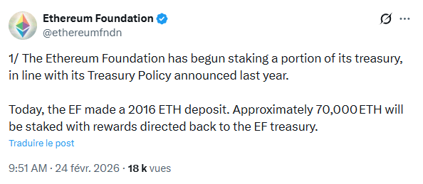 La Fondation Ethereum va mettre 70 000 ETH en staking pour sécuriser le réseau et générer des revenus