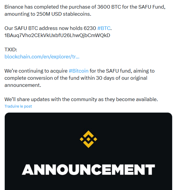 Bitcoin : Binance double la mise et « Buy the Dip » du BTC avec 250 millions $ de son fonds SAFU