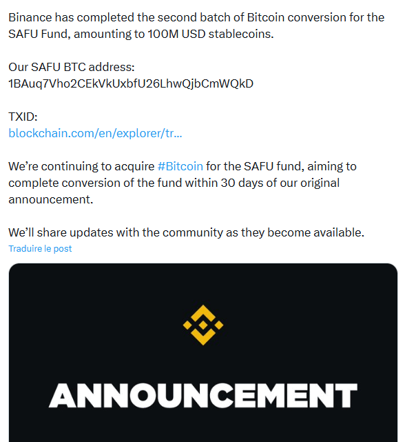 Bitcoin : Binance continue la conversion des stablecoins de son fonds SAFU en 1 315 BTC supplémentaires