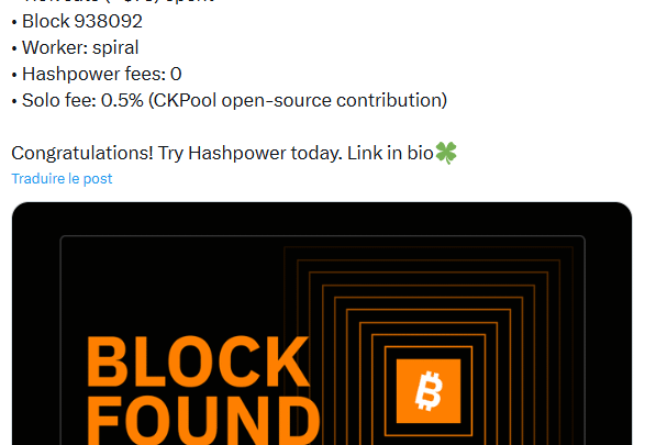 Bitcoin : un mineur solo remporte 200 000 $ avec seulement 75 $ de hashrate loué !