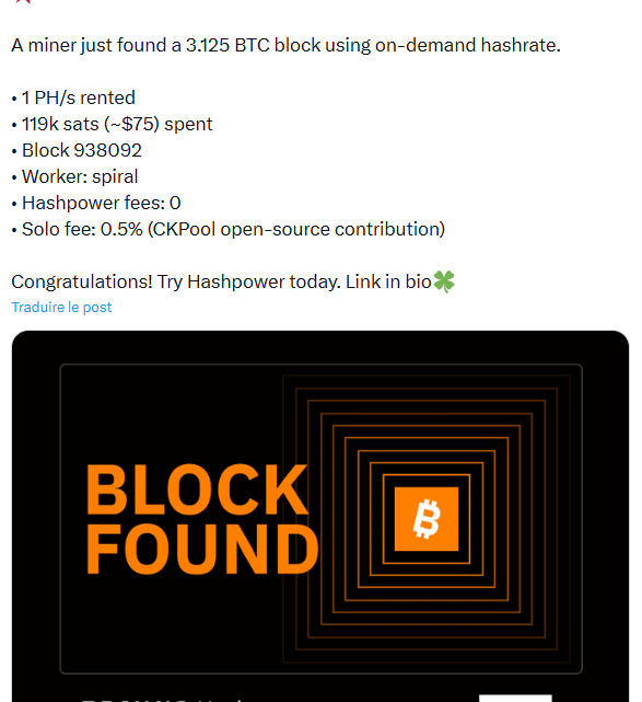 Bitcoin : un mineur solo remporte 200 000 $ avec seulement 75 $ de hashrate loué !