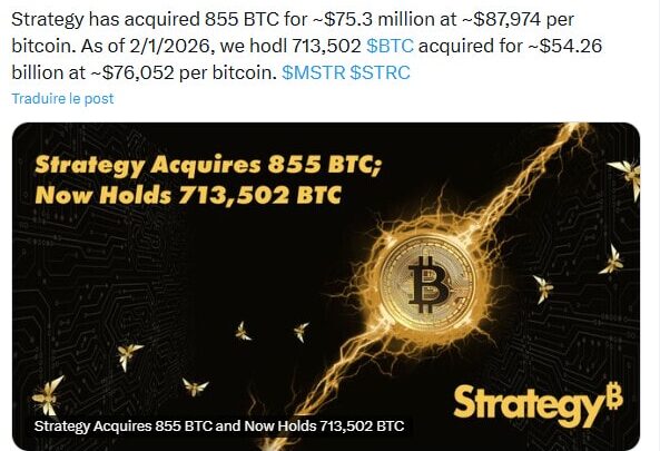 Bitcoin : Strategy achète 855 BTC supplémentaires pour 75 millions de dollars