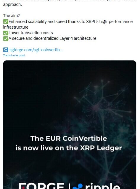 SG-FORGE, la branche crypto de la Société Générale, lance son stablecoin de l’euro sur le XRP Ledger