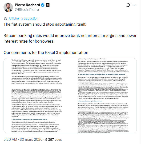 Bitcoin et Bâle III : Pierre Rochard dénonce le flou réglementaire qui bloque les banques US