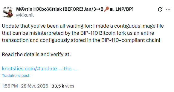 Bitcoin : un développeur intègre une image conforme au BIP-110, qui est justement censé empêché le « spam »