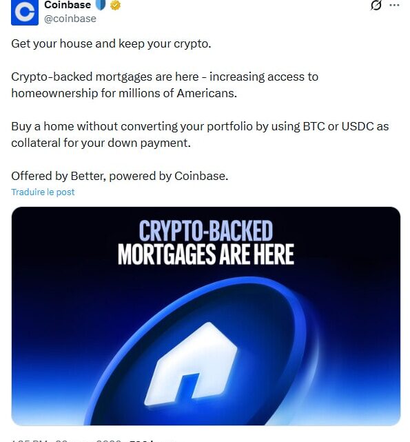 Coinbase propose des prêts immobiliers garantis par Bitcoin et le stablecoin USDC