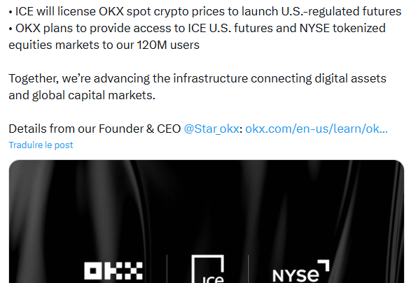 La maison mère de la Bourse de New York (ICE) investit dans OKX avec une valorisation de 25 milliards $