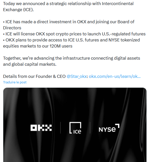 La maison mère de la Bourse de New York (ICE) investit dans OKX avec une valorisation de 25 milliards $