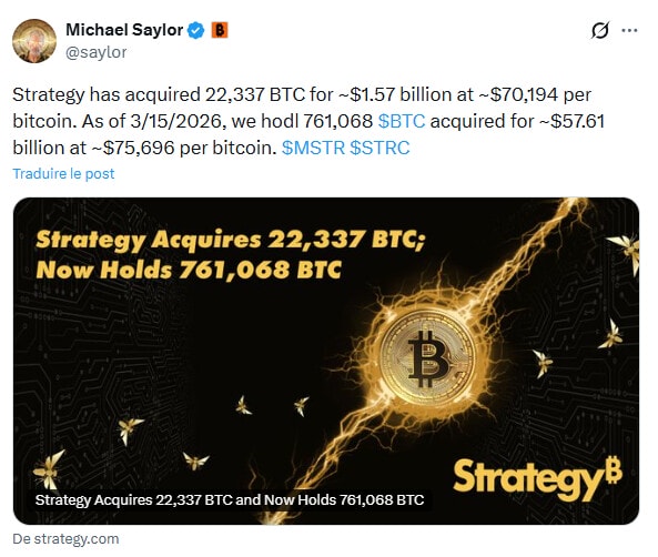 Strategy dépasse 761 000 BTC, et pourrait devenir une « banque centrale de Bitcoin » (Bernstein)