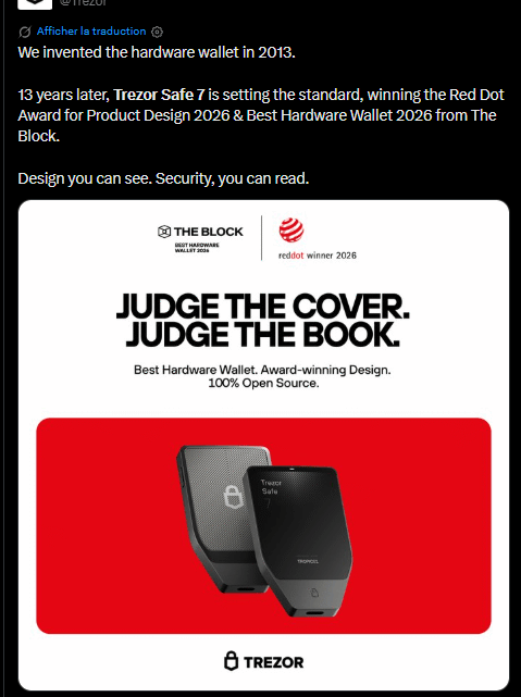 Le Trezor Safe 7 récompensé au Red Dot Award 2026, une première pour un wallet crypto grand public