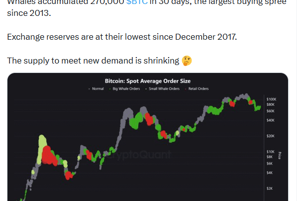 Bitcoin : les baleines accumulent 270 000 BTC en 30 jours, pendant que les exchanges se vident