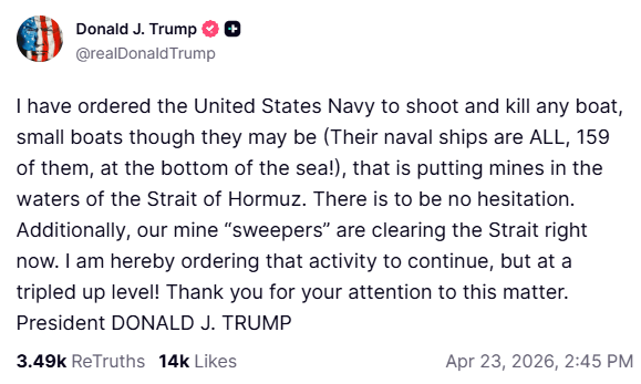 Conflit contre l’Iran : le président Trump renforce le verrouillage du détroit d’Ormuz