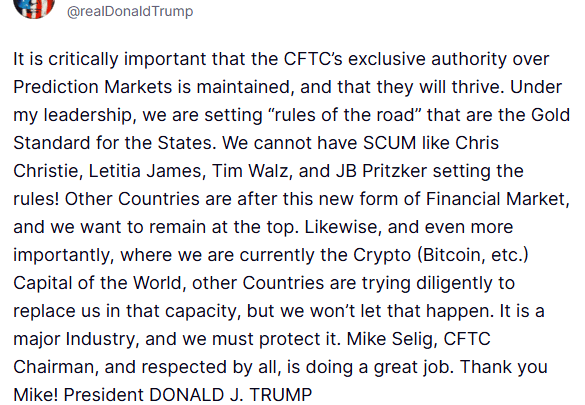 Crypto : le président Trump défend les marchés prédictifs et la CFTC contre certains États US